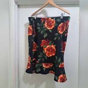 NYCC Skirt XL Black Floral Knee Length Pull On Pencil Slit